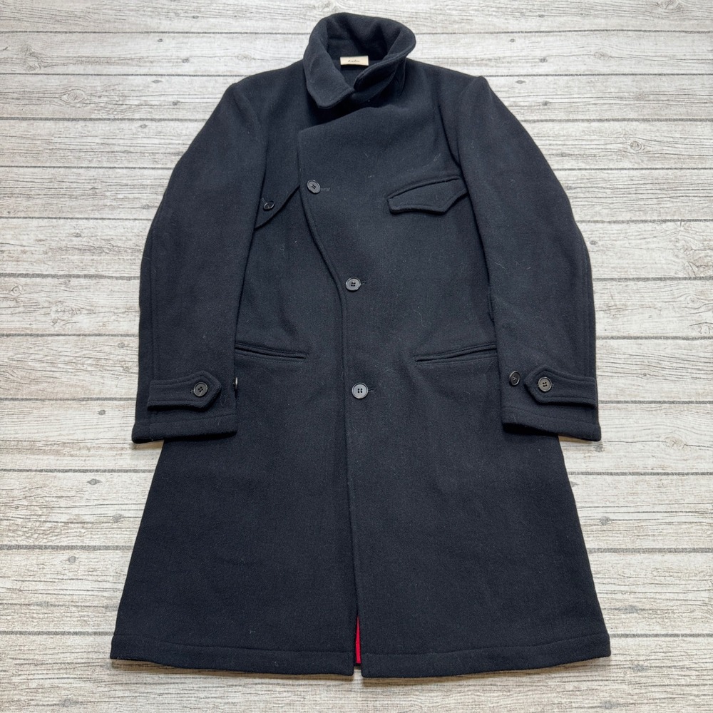 Vintage Lalu Trench Coat Women's 2 Black Asymmetrical Funnel Neck Wool Japan